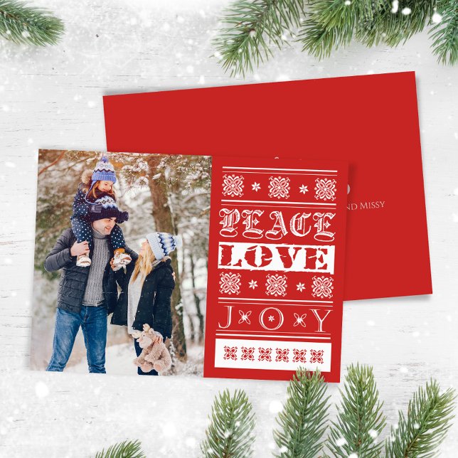 Christmas Red Joy Peace Love Holiday Photo  (Christmas peace, love, and joy holiday photo card. )