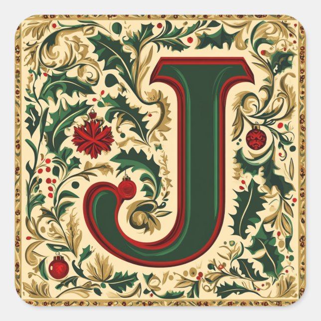 Christmas Red Letter J with Greenery and Gold Square Sticker (Front)