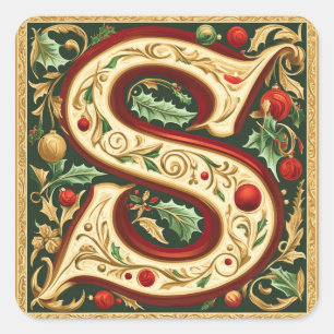 Christmas Red Letter S with Greenery and Gold Square Sticker