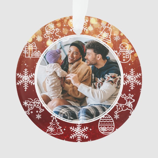Christmas Red Lights Two Sided Name & Year Photo Ornament (Front)