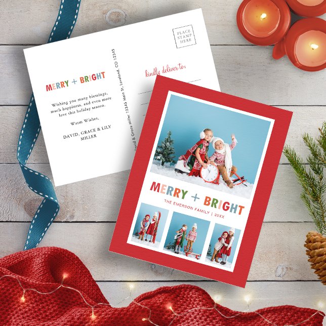 Christmas Red Merry and Bright Photo Collage Holiday Postcard (Christmas Red Merry and Bright Photo Collage Holiday Postcard
)