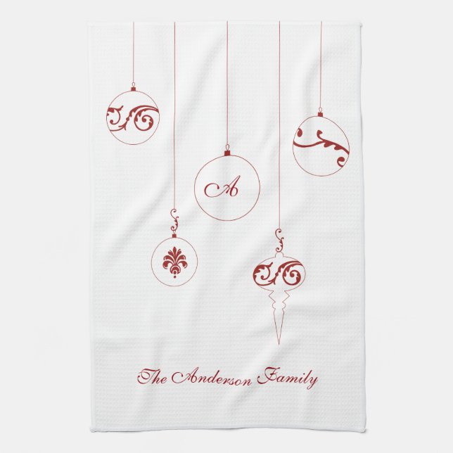Christmas Red Monogram Bauble Family Name Tea Towel (Vertical)