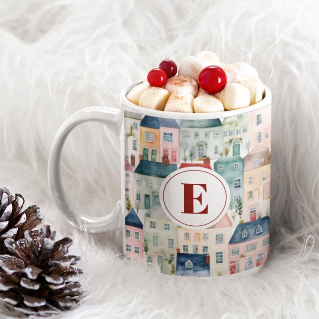 Christmas Red Monogram Colourful Houses Holiday  Coffee Mug (Creator Uploaded)