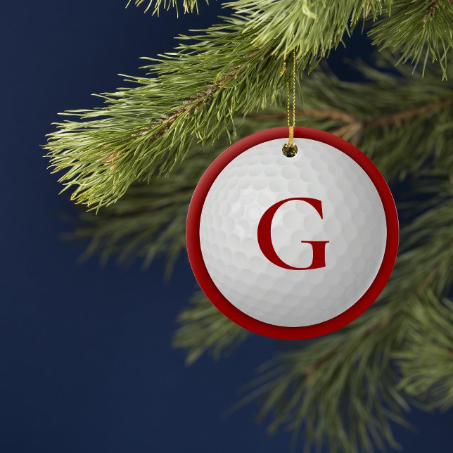 Christmas Red Monogram Golf Ball Ceramic Tree Decoration (Creator Uploaded)
