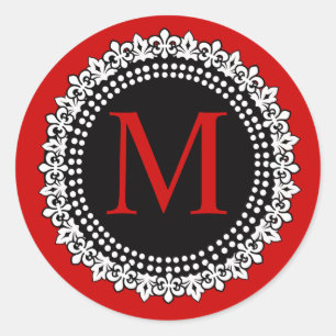Christmas Red Monogram M Fleur de lis Wedding Classic Round Sticker