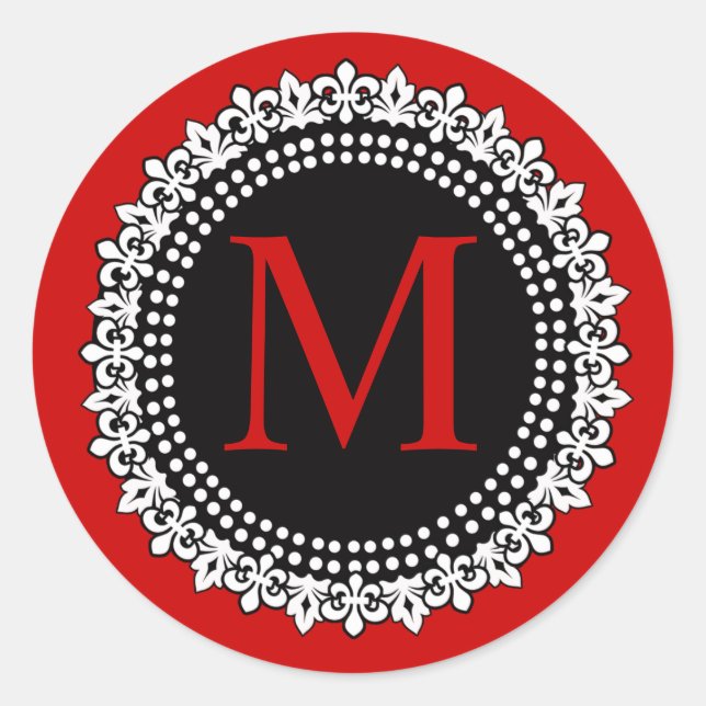 Christmas Red Monogram M Fleur de lis Wedding Classic Round Sticker (Front)