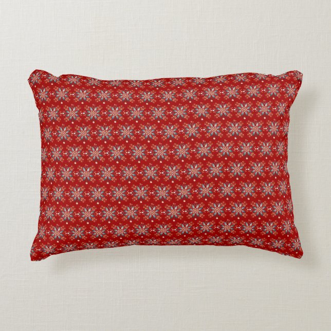 Christmas Red Nordic Folk Snowflake Decorative Cushion (Front)