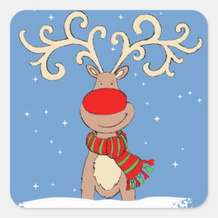 Christmas red-nosed reindeer blue square sticker