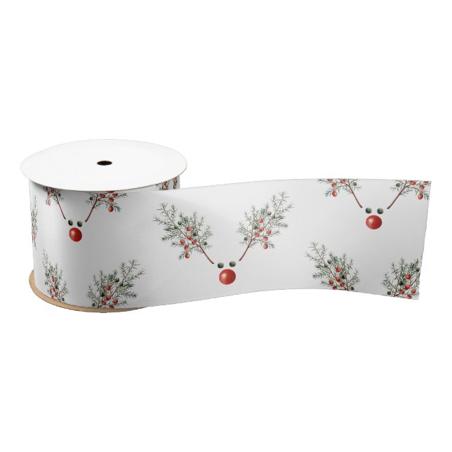 Christmas Red Nosed Reindeer Pine Berries Satin Ribbon (Spool)