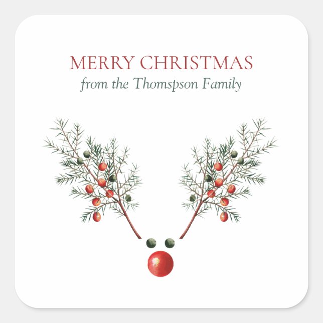 Christmas Red Nosed Reindeer Pine Berries   Square Sticker (Front)