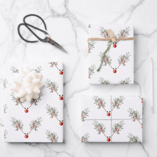 Christmas Red Nosed Reindeer Pine Berries Wrapping Paper Sheet