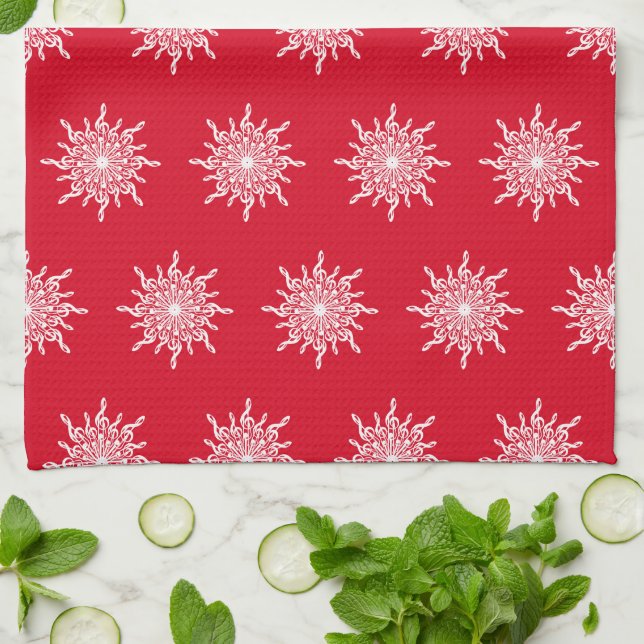 Christmas Red Ornamental G-Clef Snowflake Pattern Tea Towel (Folded)