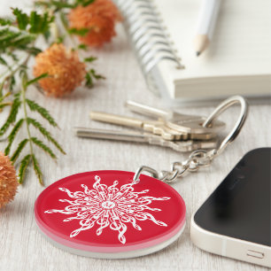 Christmas Red Ornamental Monogram G-Clef Snowflake Key Ring
