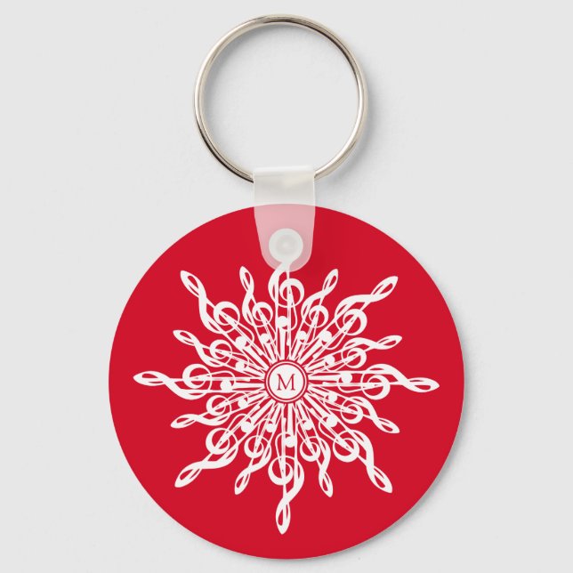 Christmas Red Ornamental Monogram G-Clef Snowflake Key Ring (Front)