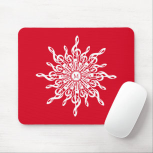 Christmas Red Ornamental Monogram G-Clef Snowflake Mouse Mat