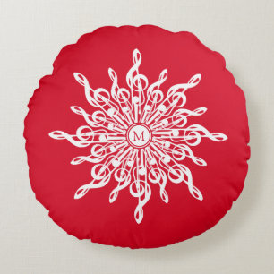 Christmas Red Ornamental Monogram G-Clef Snowflake Round Cushion