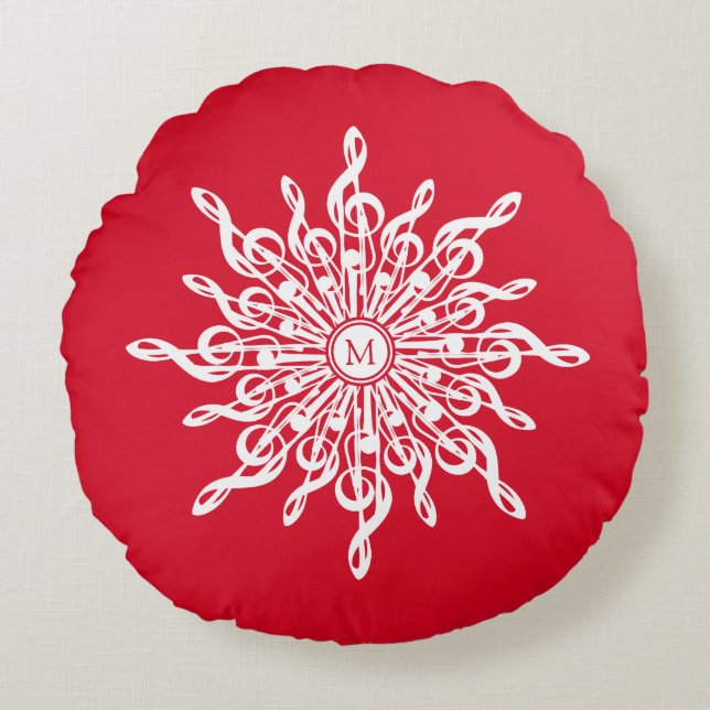 Christmas Red Ornamental Monogram G-Clef Snowflake Round Cushion (Front)