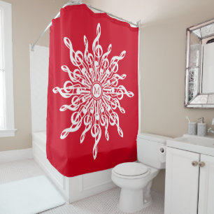 Christmas Red Ornamental Monogram G-Clef Snowflake Shower Curtain