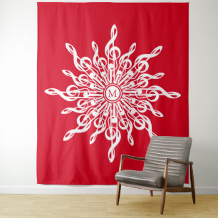Christmas Red Ornamental Monogram G-Clef Snowflake Tapestry