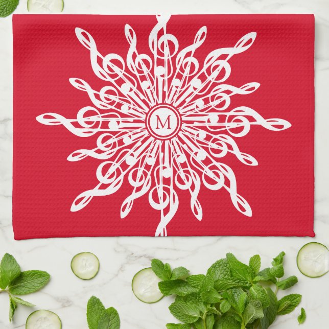 Christmas Red Ornamental Monogram G-Clef Snowflake Tea Towel (Folded)