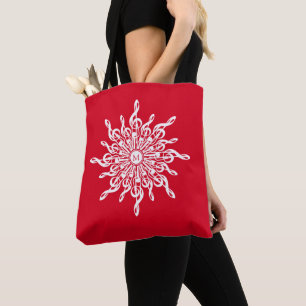 Christmas Red Ornamental Monogram G-Clef Snowflake Tote Bag