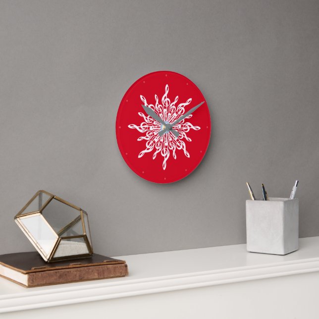 Christmas Red Ornamental Treble Clef Snowflake Round Clock (Office)