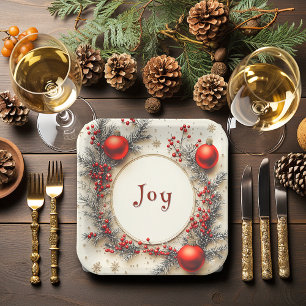 Christmas Red Ornaments Berries Snowflakes Paper Plate