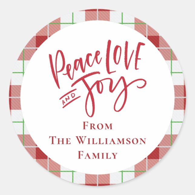 Christmas Red Peace Love Joy Modern Family Classic Round Sticker (Front)