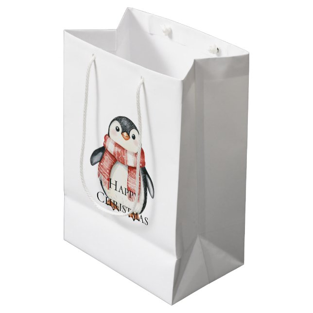 Christmas Red Peppermint Penguins Medium Gift Bag (Front Angled)
