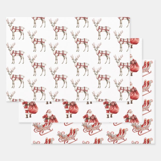 Christmas Red Peppermint Reindeer Santa Sleigh Wrapping Paper Sheet (Set)