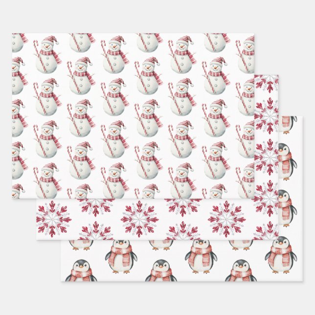 Christmas Red Peppermint Snowman Snowflake Penguin Wrapping Paper Sheet (Set)