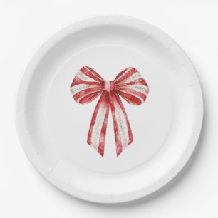 Christmas Red Peppermint White Bows  Paper Plate