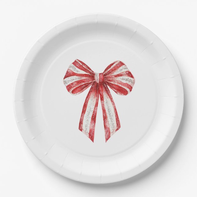 Christmas Red Peppermint White Bows  Paper Plate (Front)