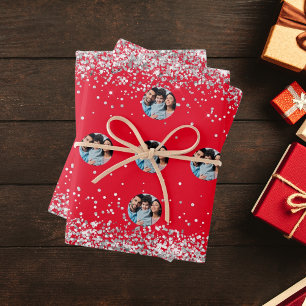 Christmas red photo Silver confetti Wrapping Paper Sheet