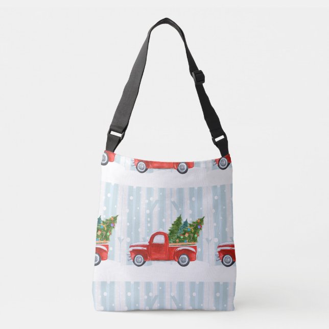 Christmas Red PickUp Truck on a Snowy Road Crossbody Bag (Front)