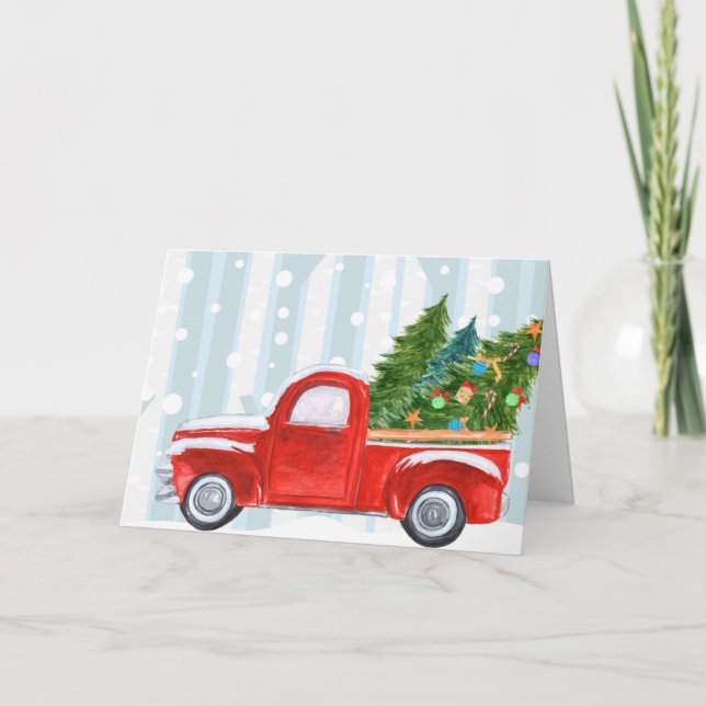 Christmas Red PickUp Truck on a Snowy Road Holiday Card (Front)