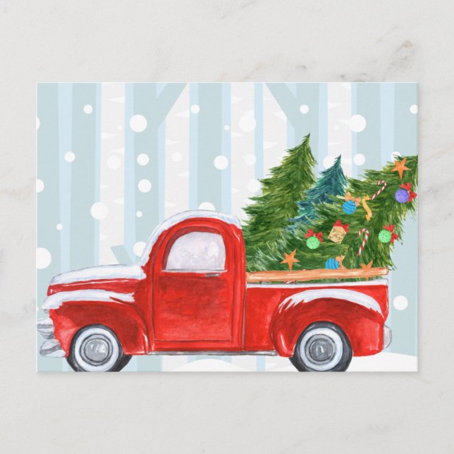 Christmas Red PickUp Truck on a Snowy Road Holiday Postcard (Front)