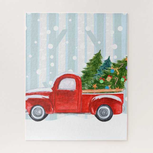 Christmas Red PickUp Truck on a Snowy Road Jigsaw Puzzle (Vertical)