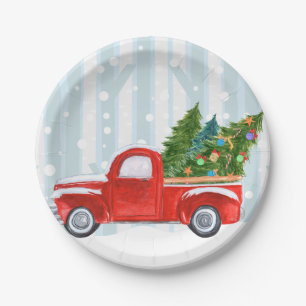 Christmas Red PickUp Truck on a Snowy Road Paper Plate