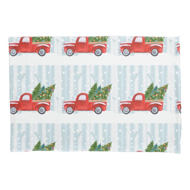 Christmas Red PickUp Truck on a Snowy Road Pillowcase (Front)