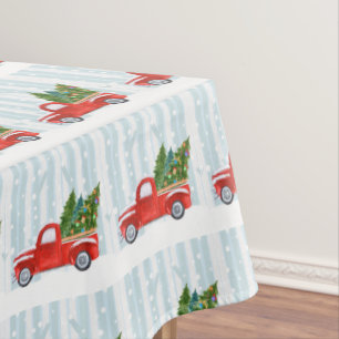 Christmas Red PickUp Truck on a Snowy Road Tablecloth