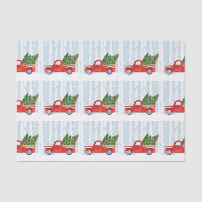 Christmas Red PickUp Truck on a Snowy Road Tissue Paper (Front)