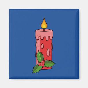 Christmas Red Pillar Candle with Holly Magnet