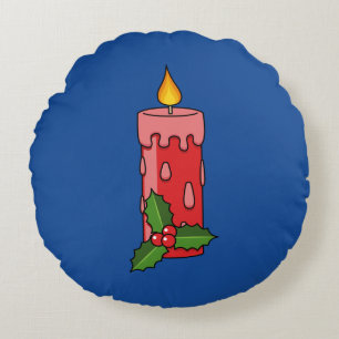 Christmas Red Pillar Candle with Holly Round Cushion