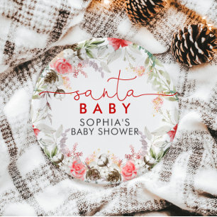 Christmas Red & Pink Flowers Baby Shower Classic Round Sticker