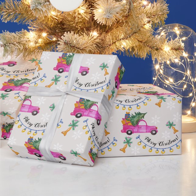 Christmas Red Pink Truck With Tree And Wishes Wrapping Paper (Holidays)