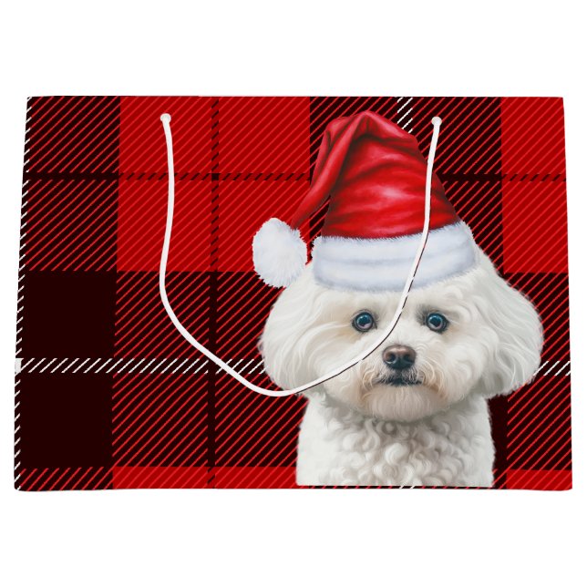 Christmas Red Plaid Coton de Tuleari Dog Holiday Large Gift Bag (Front)