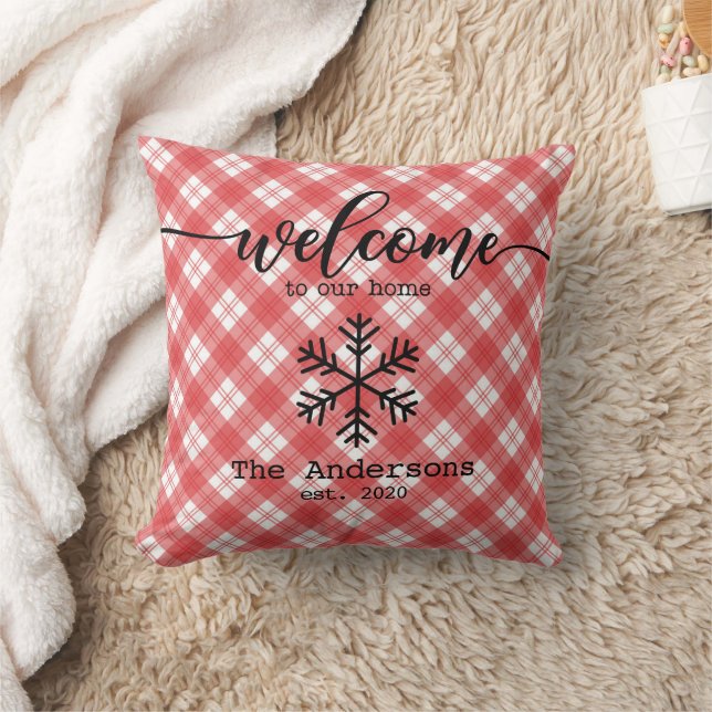 Christmas Red Plaid Custom Family Name Cushion (Blanket)