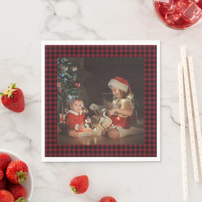 Christmas Red Plaid Custom Family Photo Napkin (Insitu)