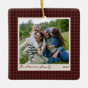 Christmas red plaid frame personalised photo ceramic ornament
